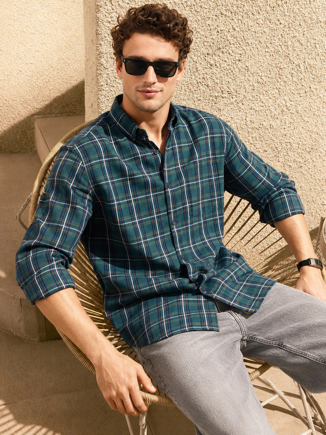 Men's Green Slim Fit Checkered Casual Shirt