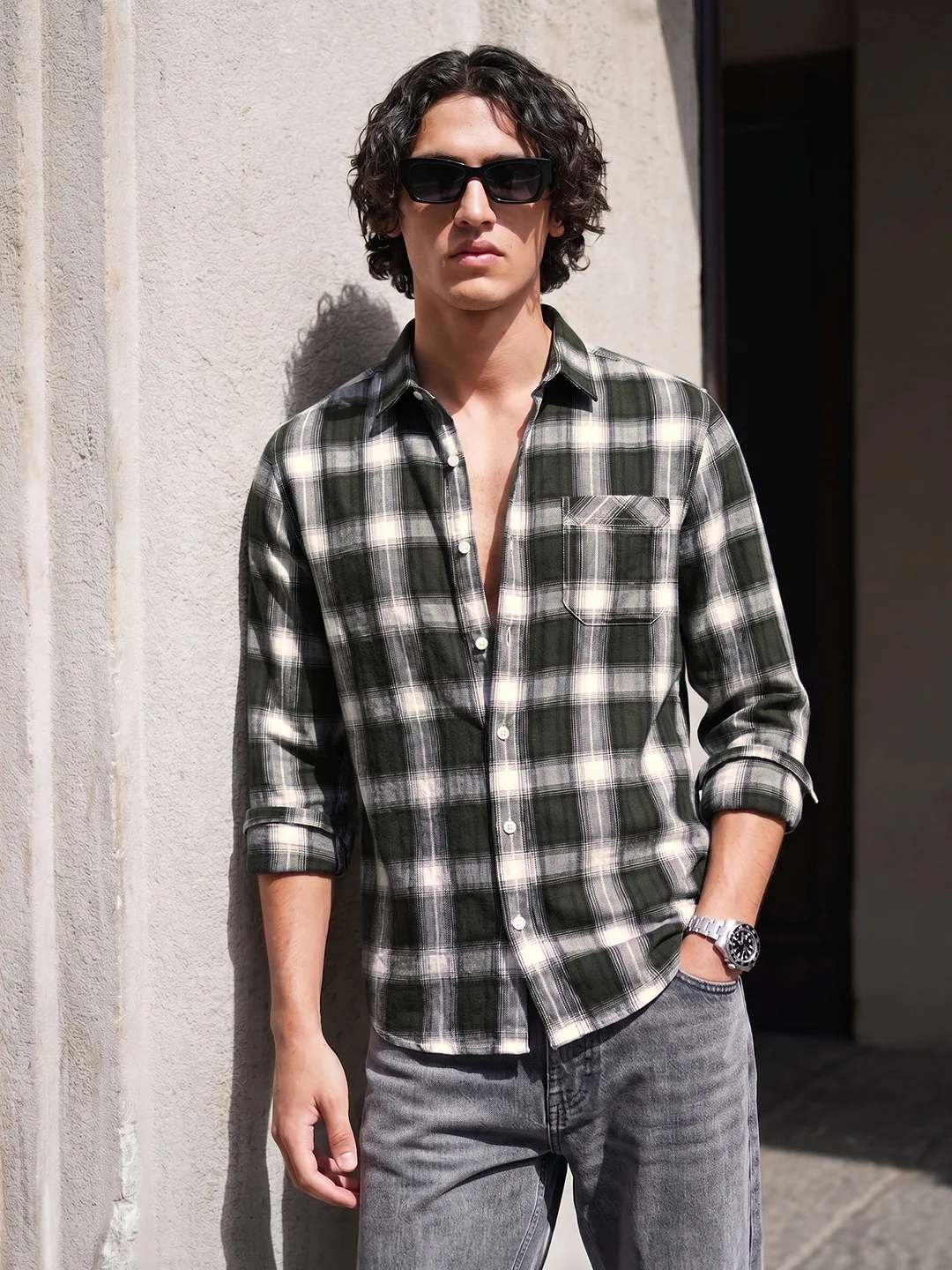 Men's Green Slim Fit Checkered Casual Shirt