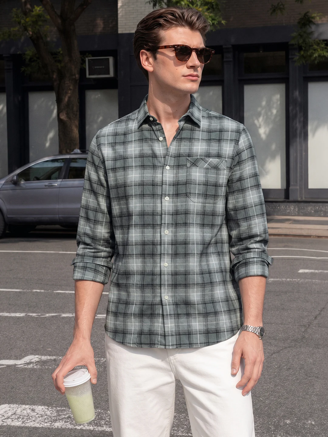 Men's Green Slim Fit Checkered Casual Shirt