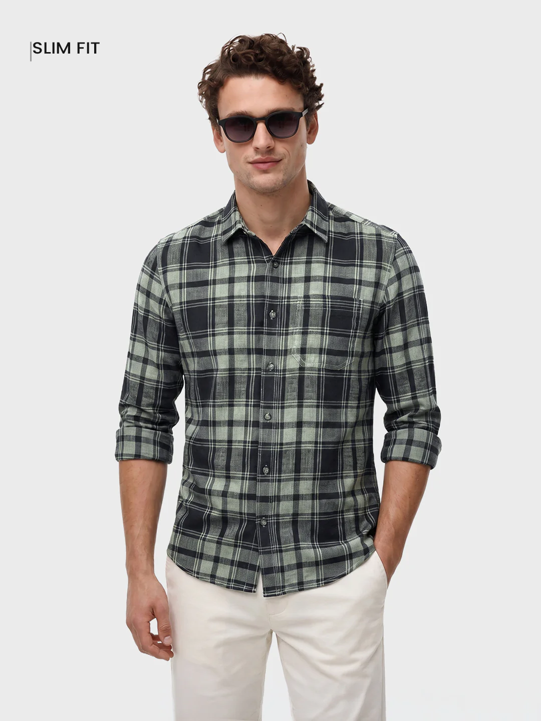 Men's Green Slim Fit Checkered Casual Shirts - Image 2