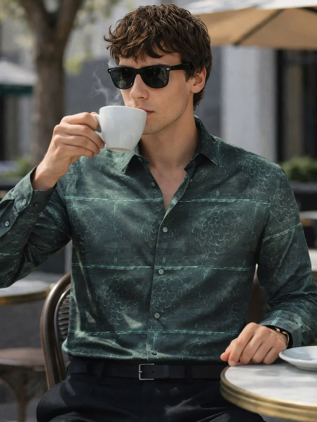 Men's Green Slim Fit Printed Party Wear Shirt