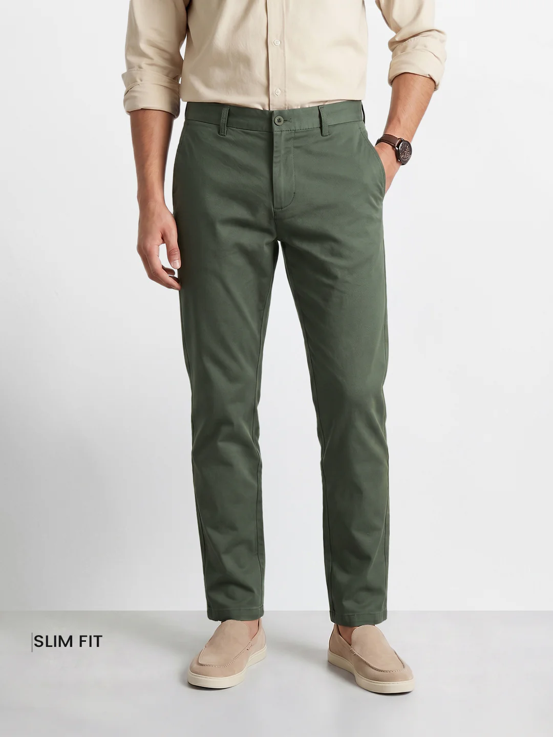 Men's Green Slim Fit Solid Casual Chinos - Image 2