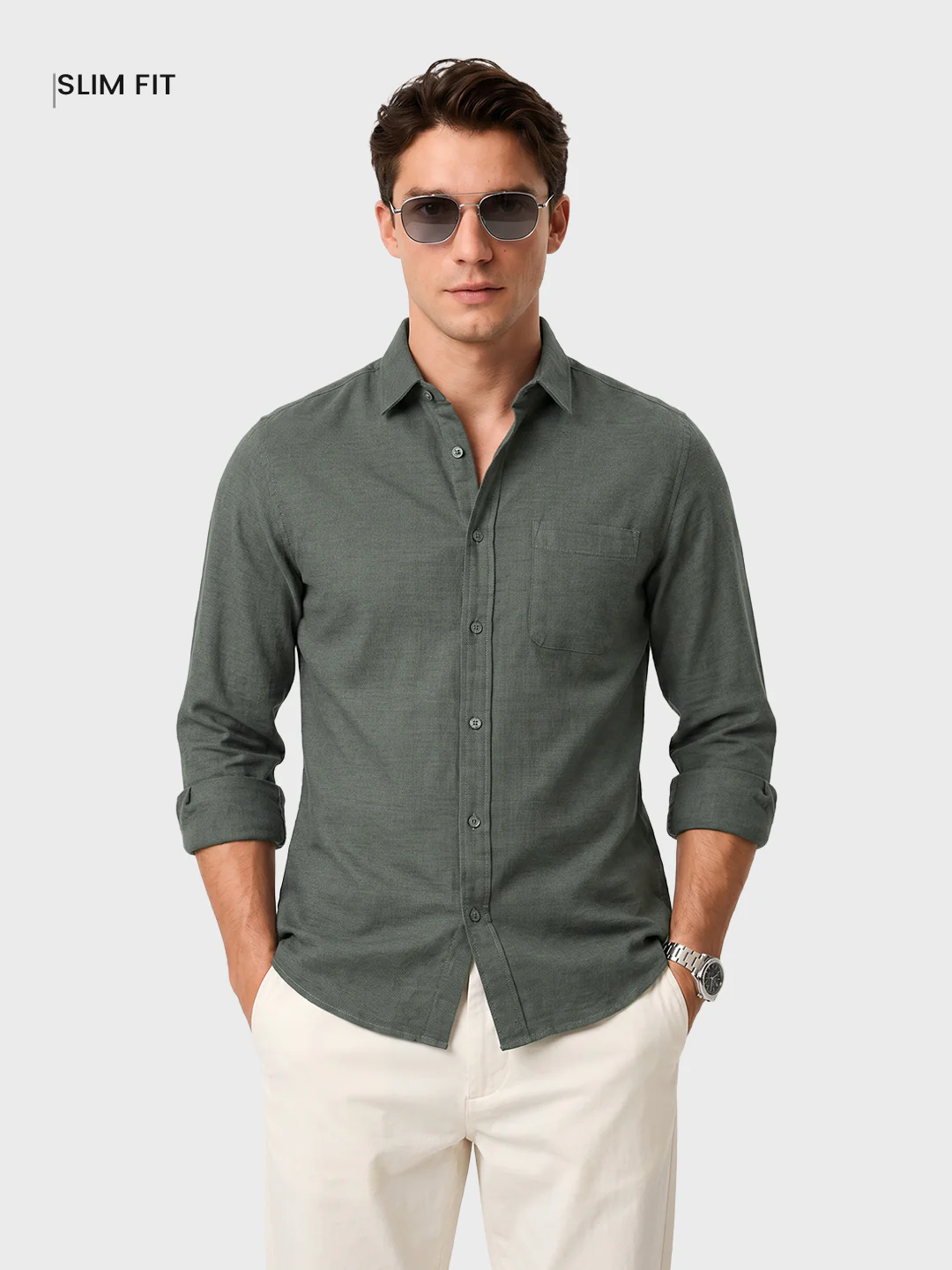 Men's Green Slim Fit Solid Casual Shirt - Image 2