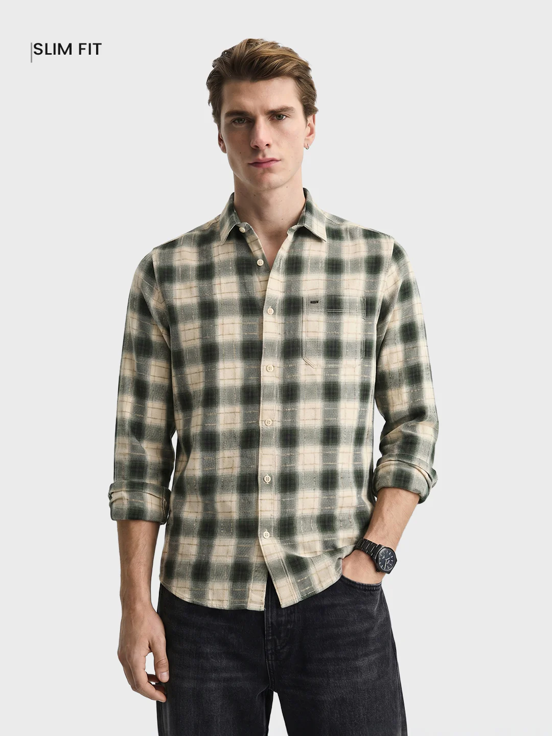 Men's Green Slim Fit Checkered Casual Shirt - Image 2