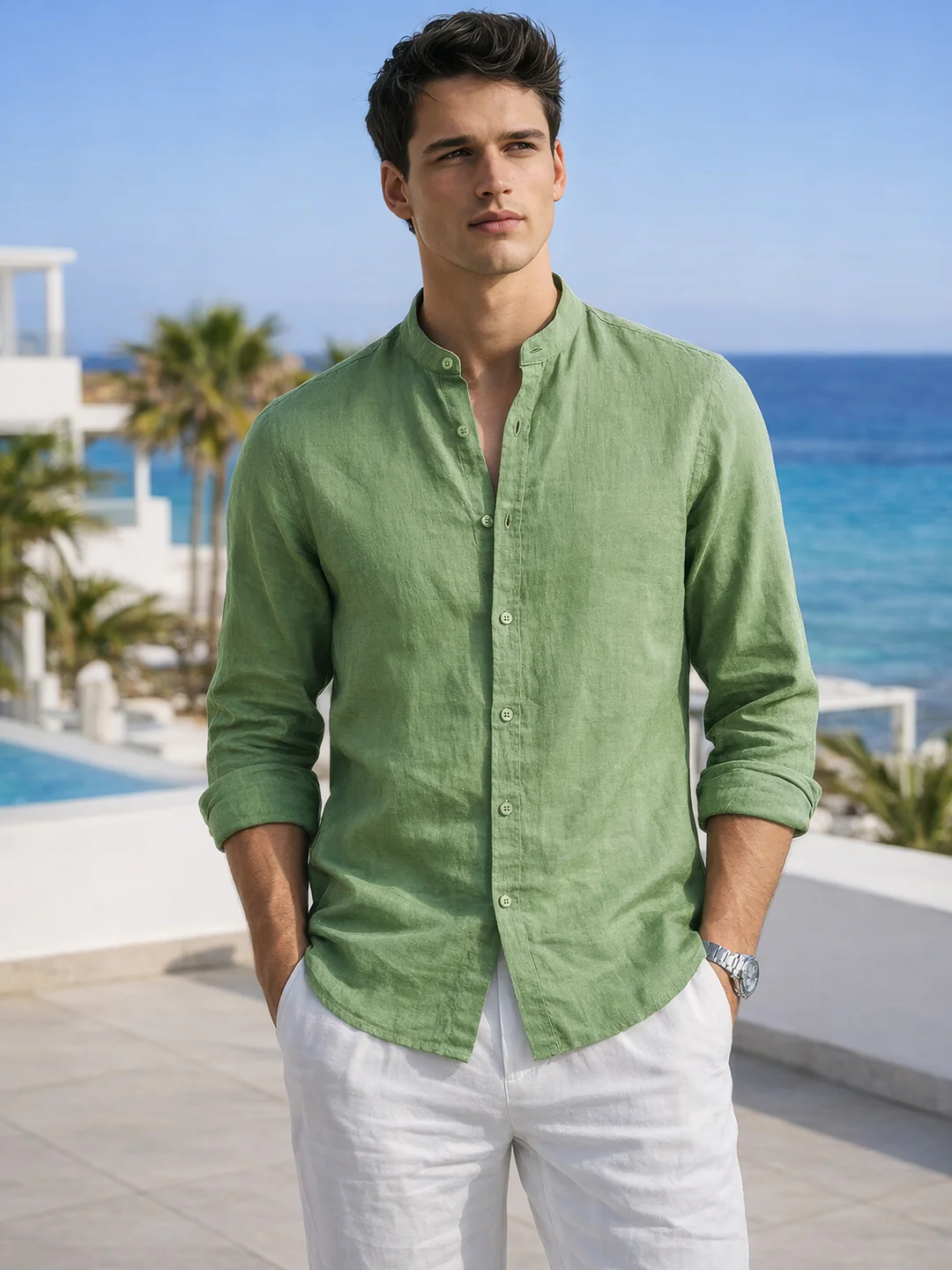 Men's Green Slim Fit Solid Casual Shirts