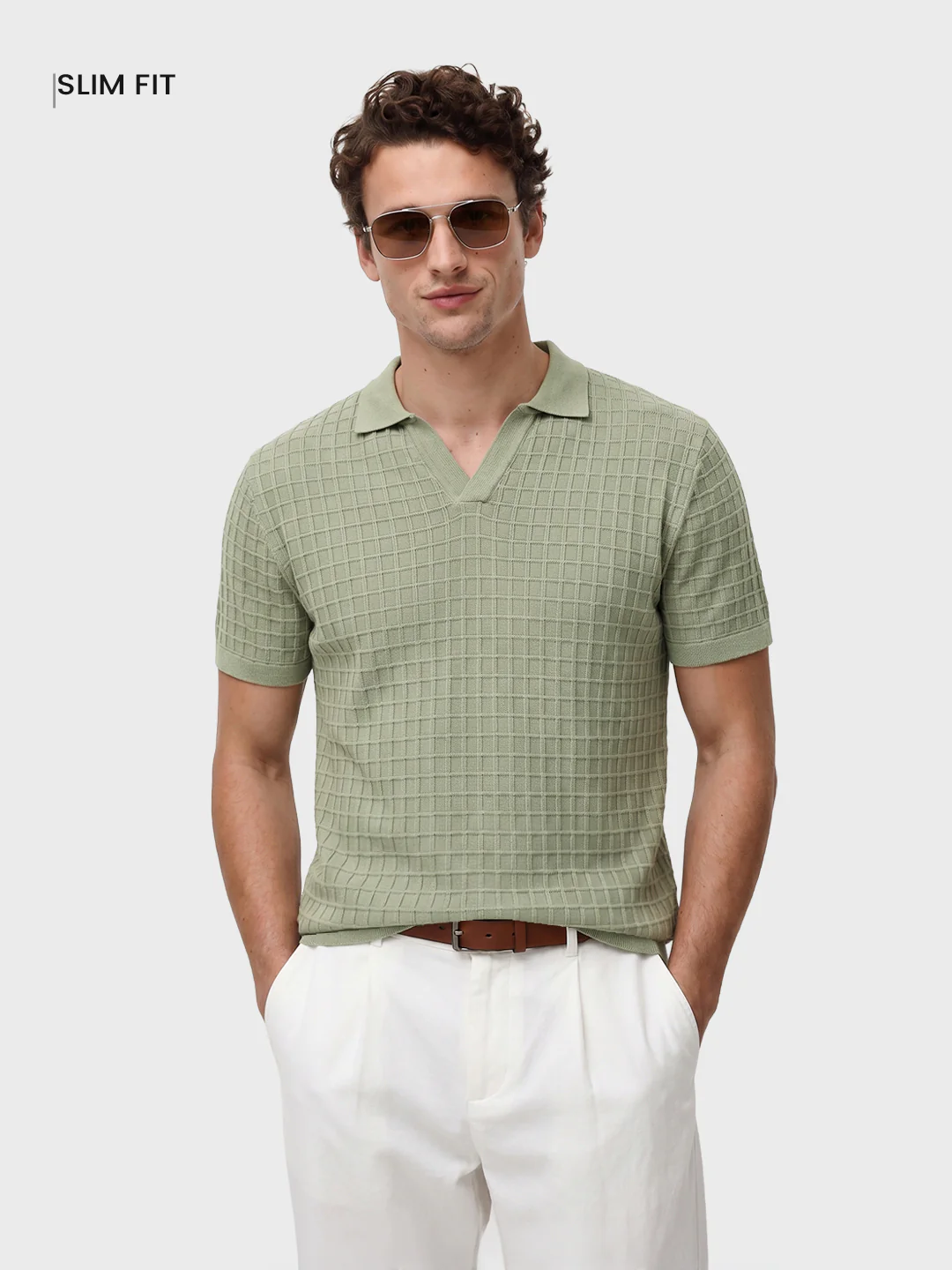 Men's Green Slim Fit Solid Flat Knit Polos - Image 2