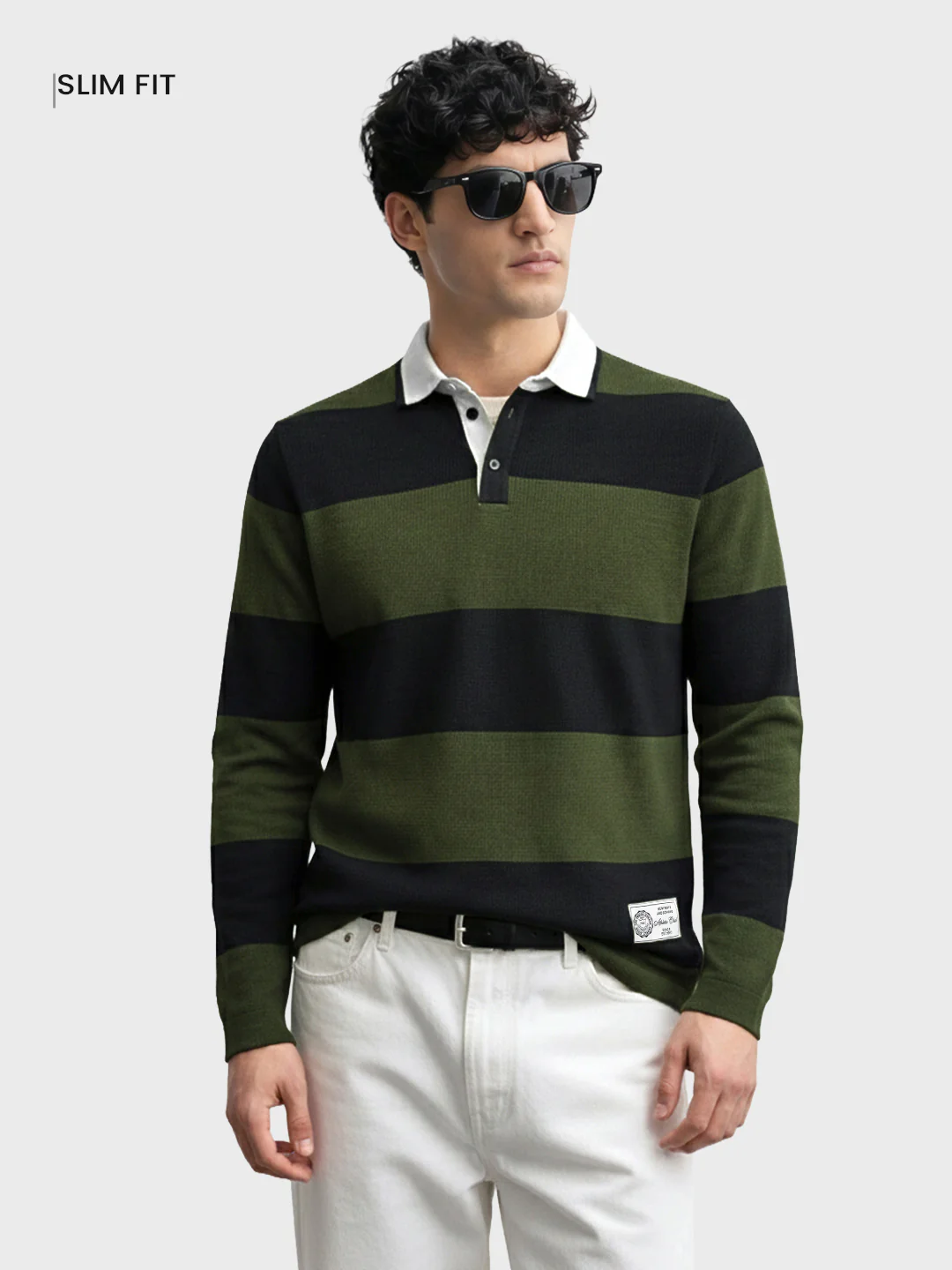 Men's Green Slim Fit Striped Flat Knit Polo T-Shirt - Image 2