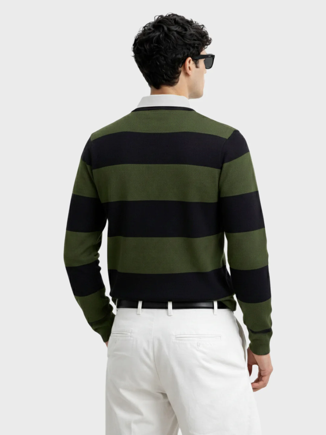 Men's Green Slim Fit Striped Flat Knit Polo T-Shirt - Image 4