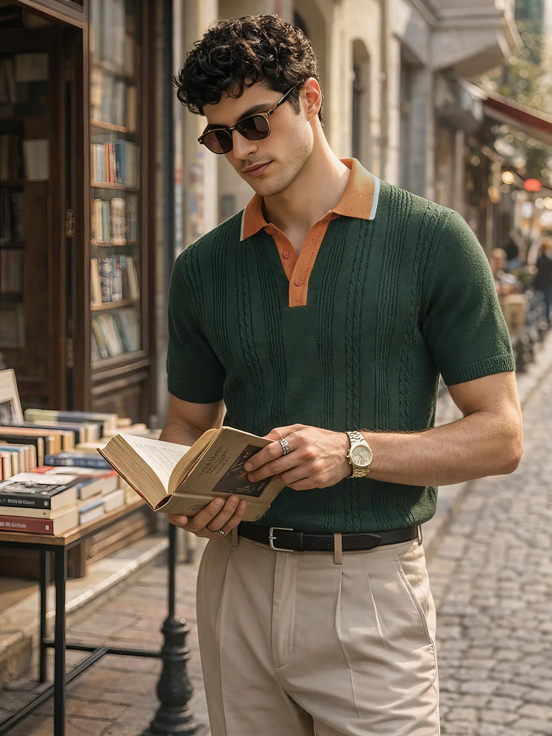 Men's Green Slim Fit Textured Flat Knit Polo T-Shirt