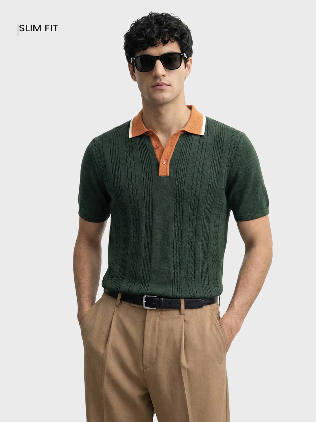 Men's Green Slim Fit Textured Flat Knit Polo T-Shirt - Image 2