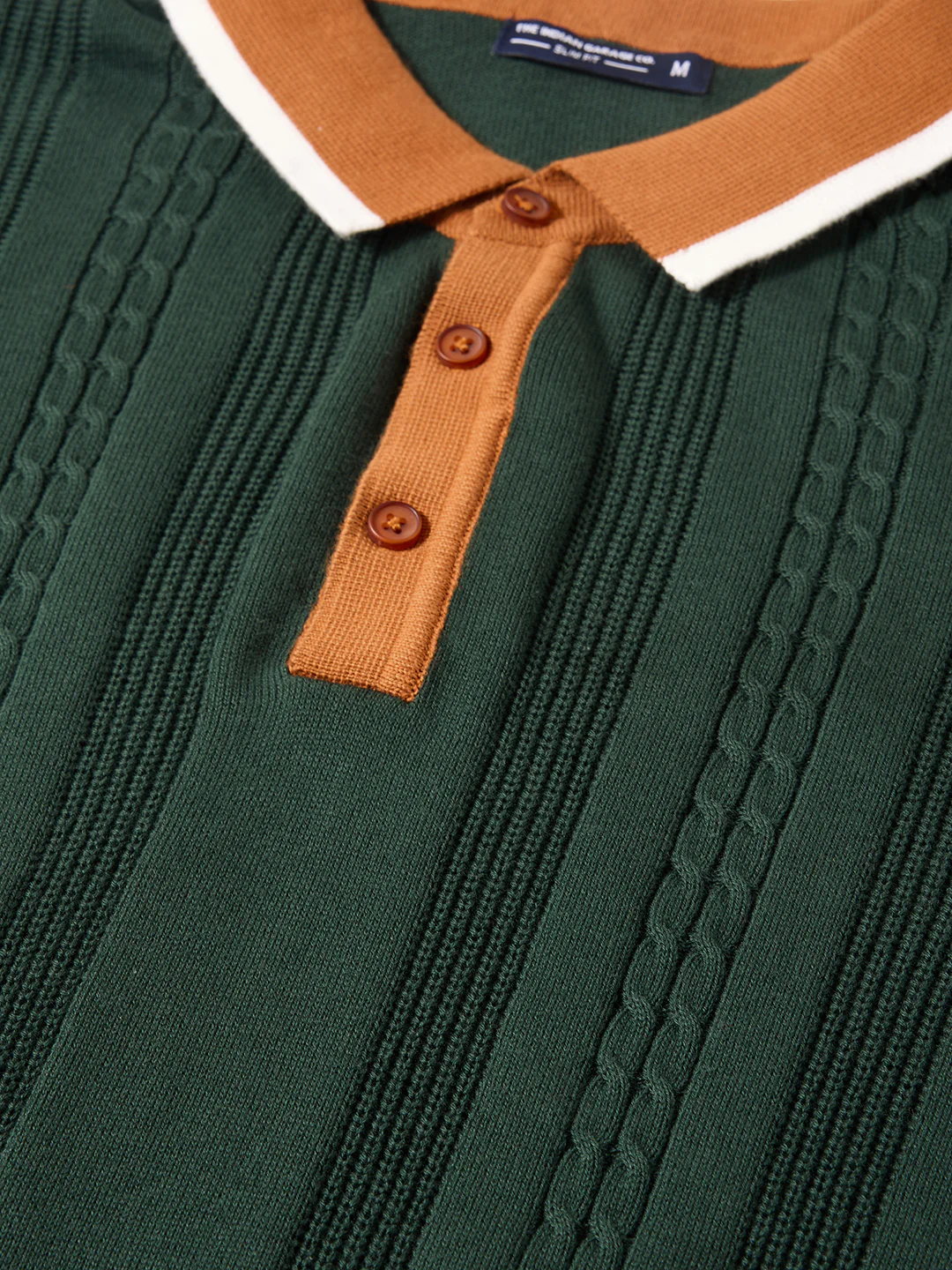 Men's Green Slim Fit Textured Flat Knit Polo T-Shirt - Image 3