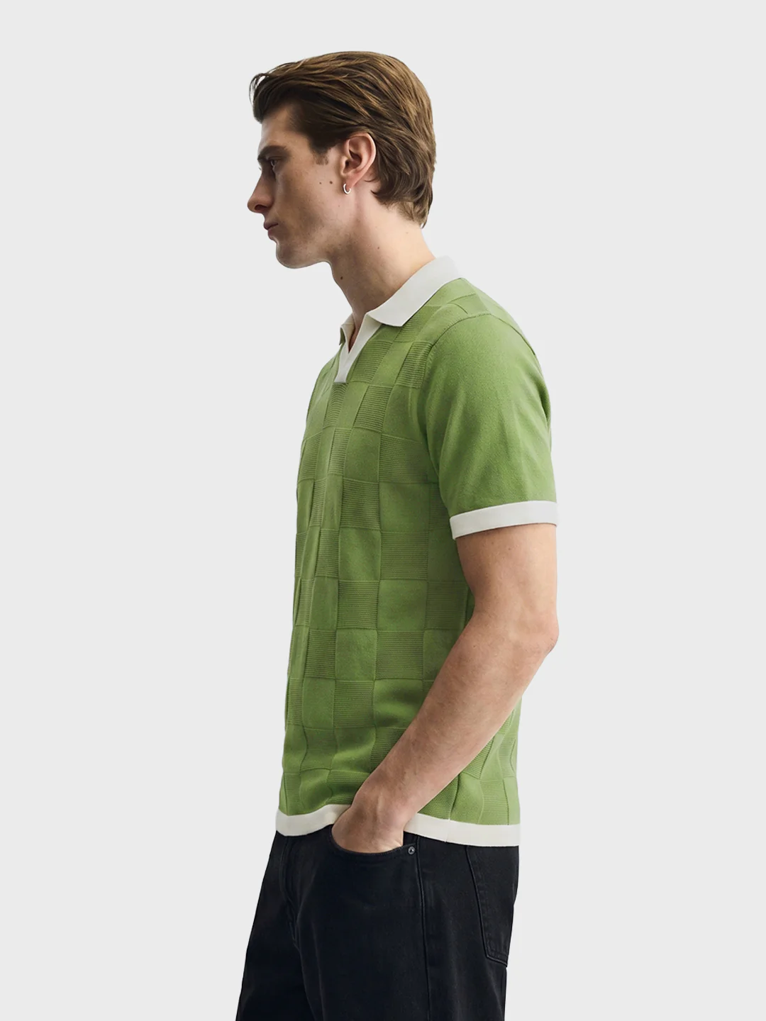 Men's Green Slim Fit Solid Flat Knit Polo T-Shirt - Image 3