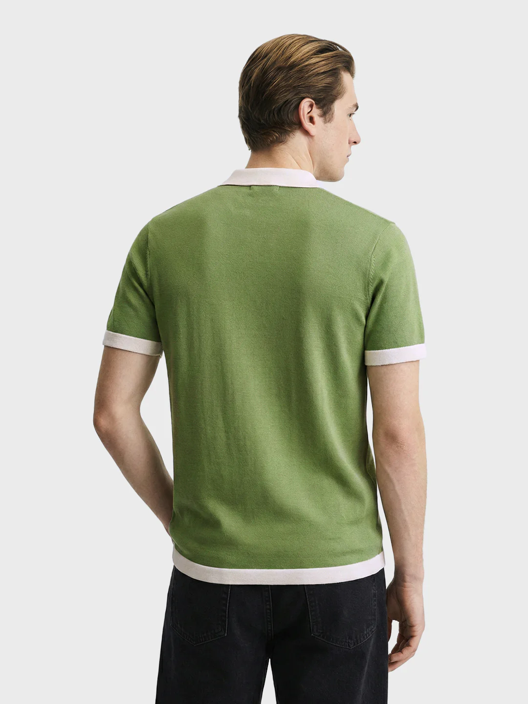 Men's Green Slim Fit Solid Flat Knit Polo T-Shirt - Image 4