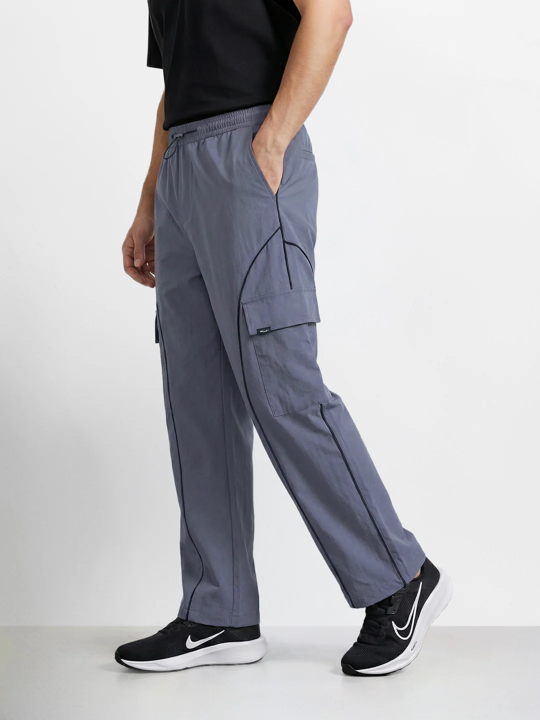 Men's Grey Baggy Fit Solid Utility Cargo - Image 3