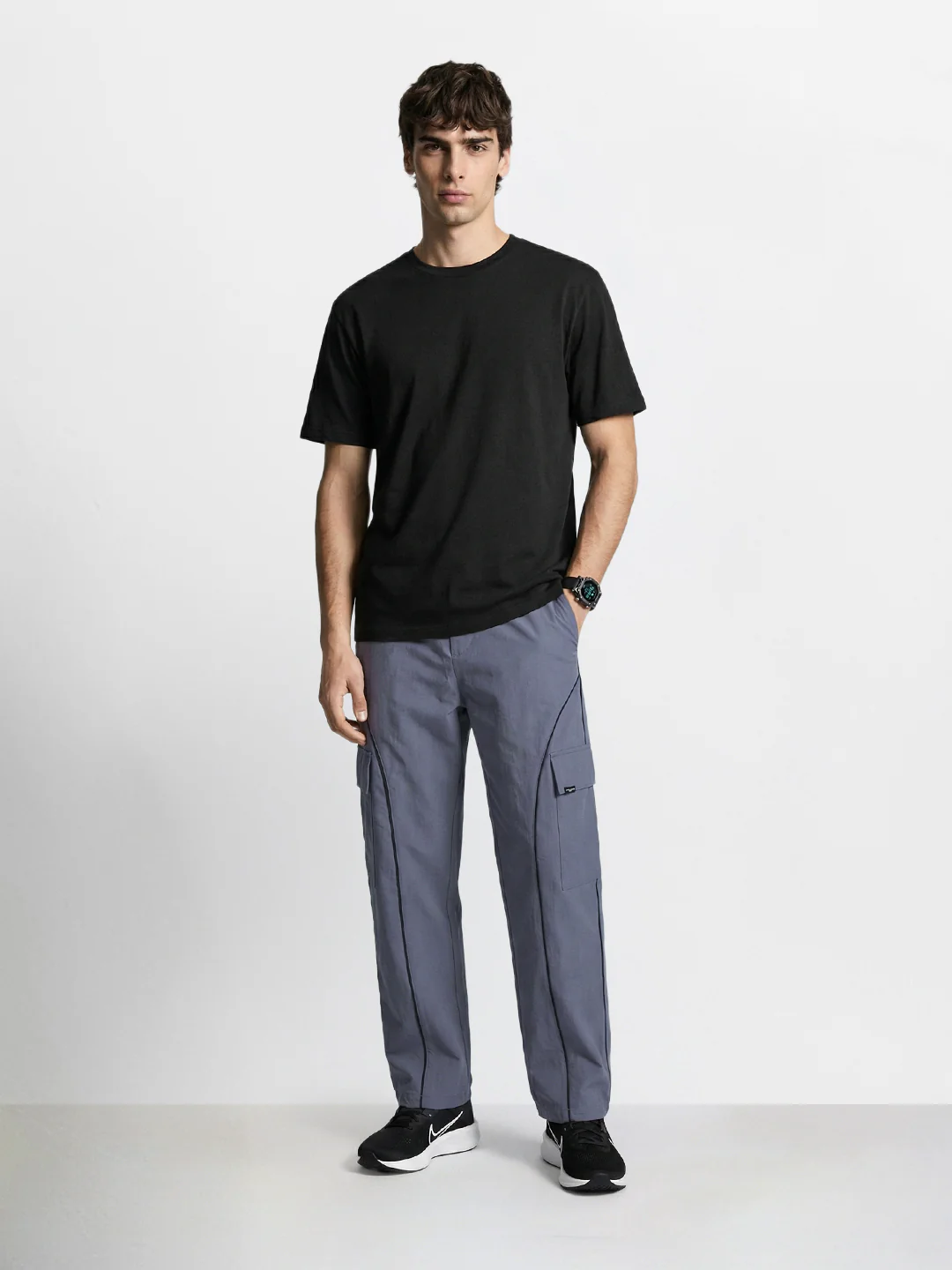 Men's Grey Baggy Fit Solid Utility Cargo - Image 5