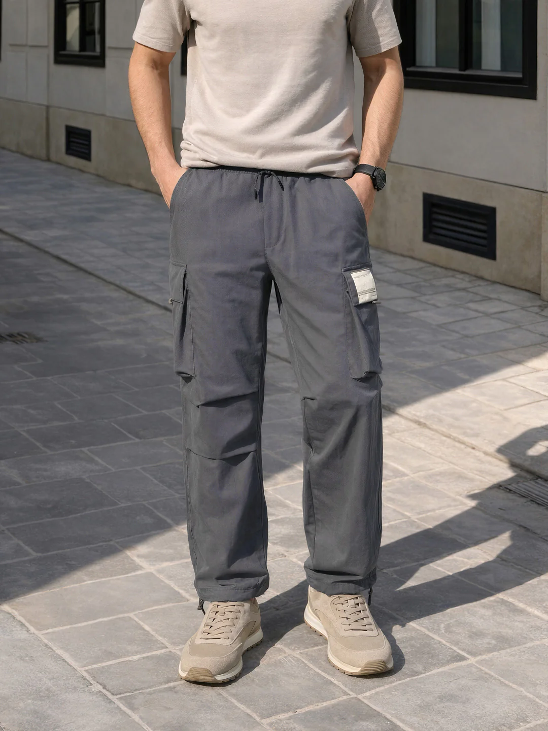 Men's Grey Baggy Fit Solid Utility Cargo