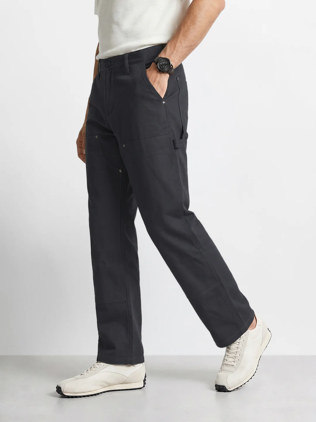 Men's Grey Baggy Fit Solid Utility Trousers - Image 4
