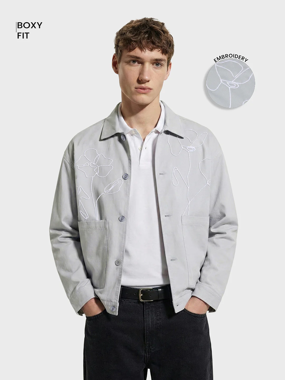 Men's Grey Boxy Fit Embroided Casual Bomber Jacket