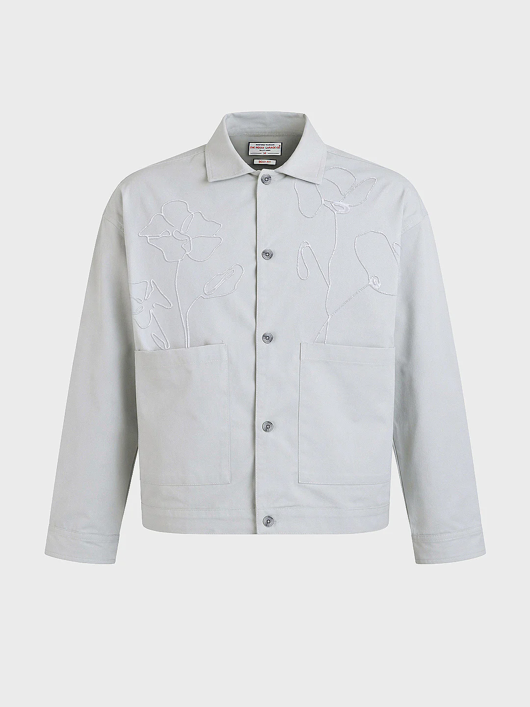 Men's Grey Boxy Fit Embroided Casual Bomber Jacket - Image 4