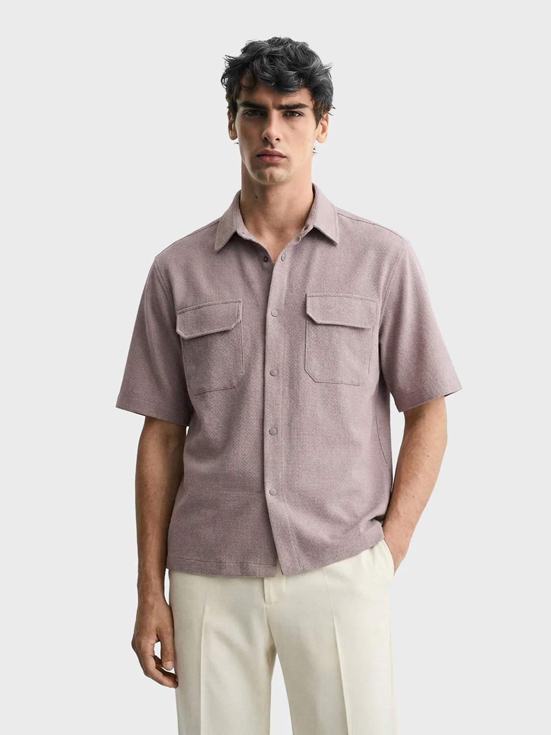 Men's Grey Boxy Fit Textured Resort Wear Shirt