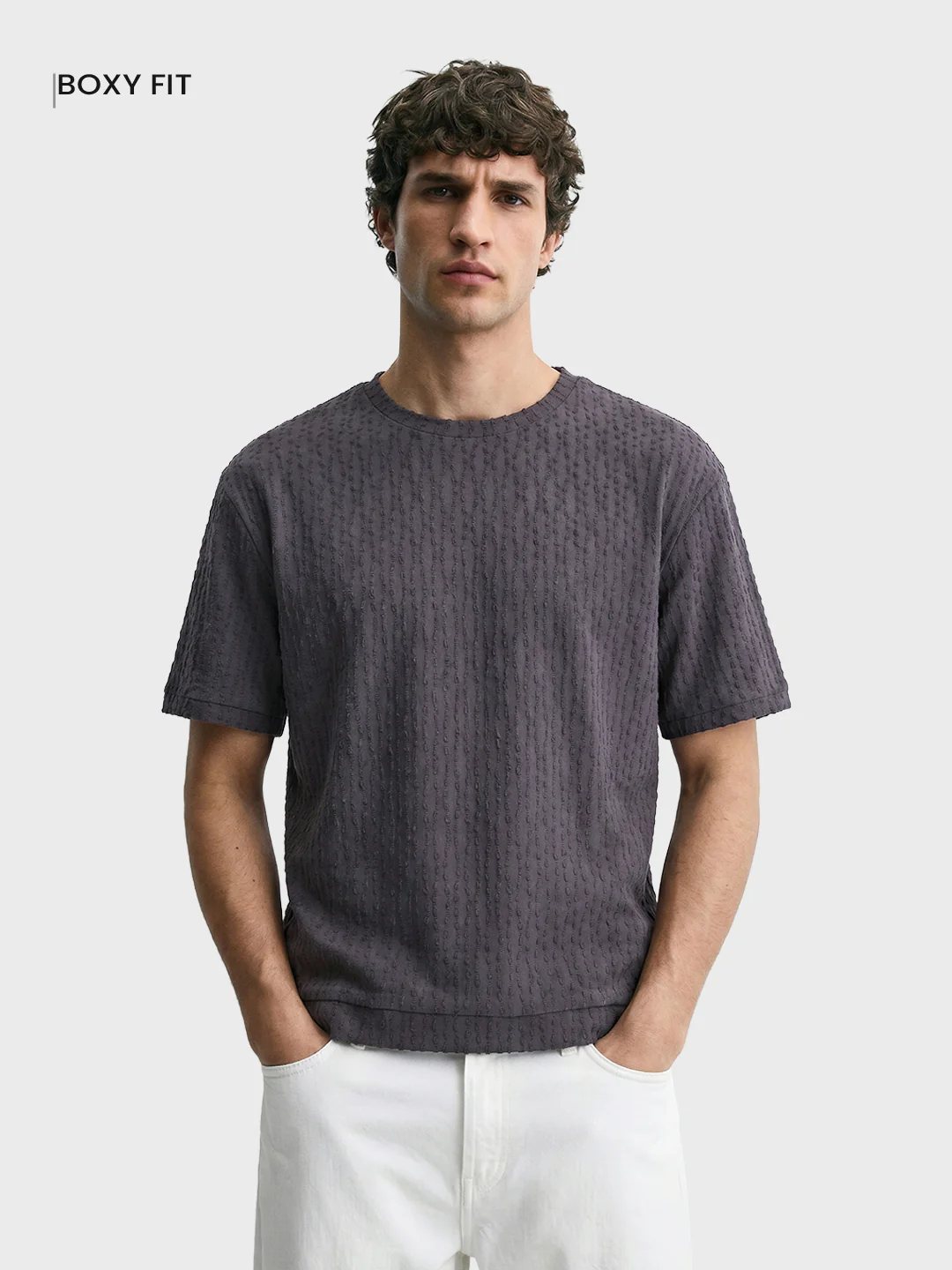Men's Grey Boxy Fit Textured Resort Wear T-Shirt