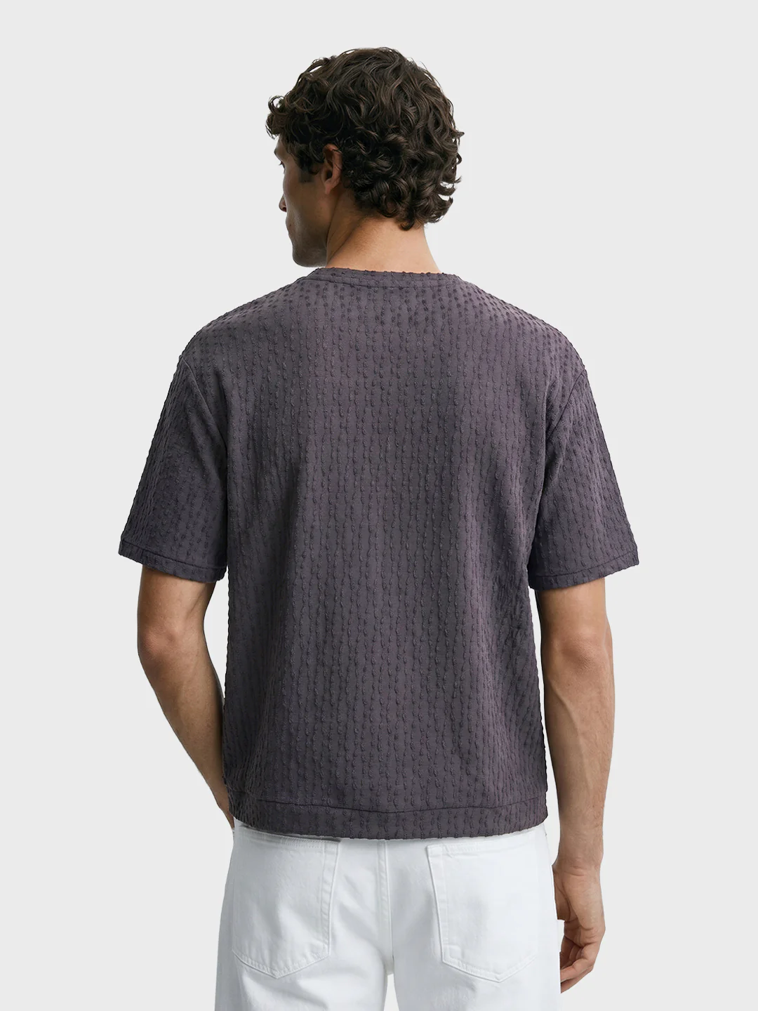 Men's Grey Boxy Fit Textured Resort Wear T-Shirt - Image 4