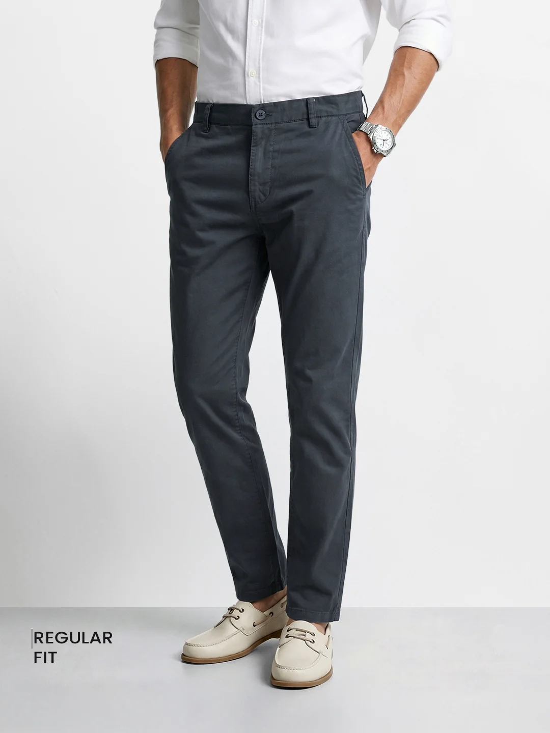 Men's Grey Regular Fit Solid Casual Chinos - Image 2
