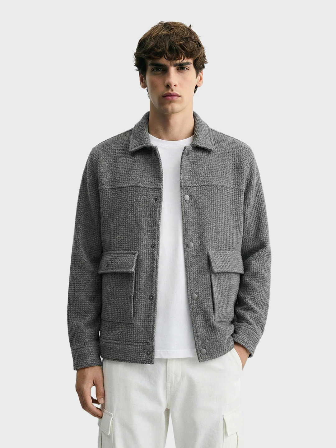 Men's Grey Regular Fit Solid Casual Biker Jacket