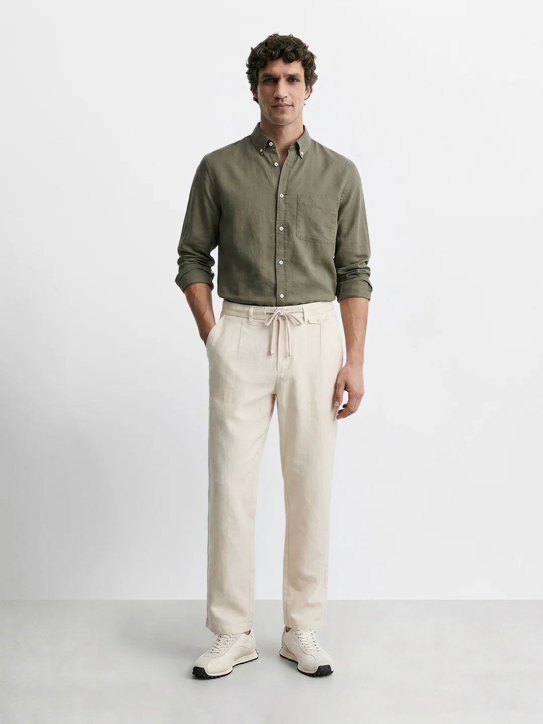 Men's Cream Regular Fit Solid Casual Trousers - Image 6
