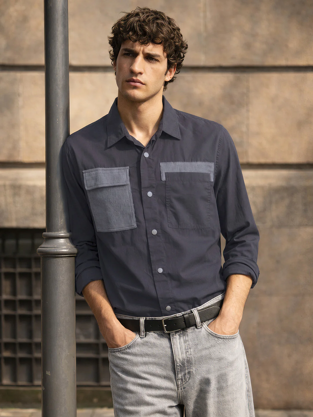 Men's Grey Regular Fit Solid Utility Shirt