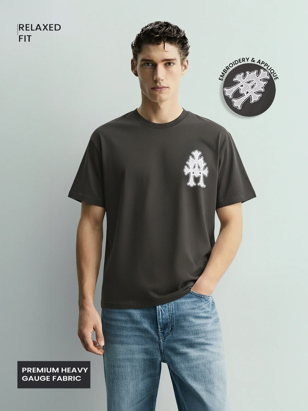 Men's Grey Relaxed Fit Embroided 240 GSM Casual T-Shirt - Image 5