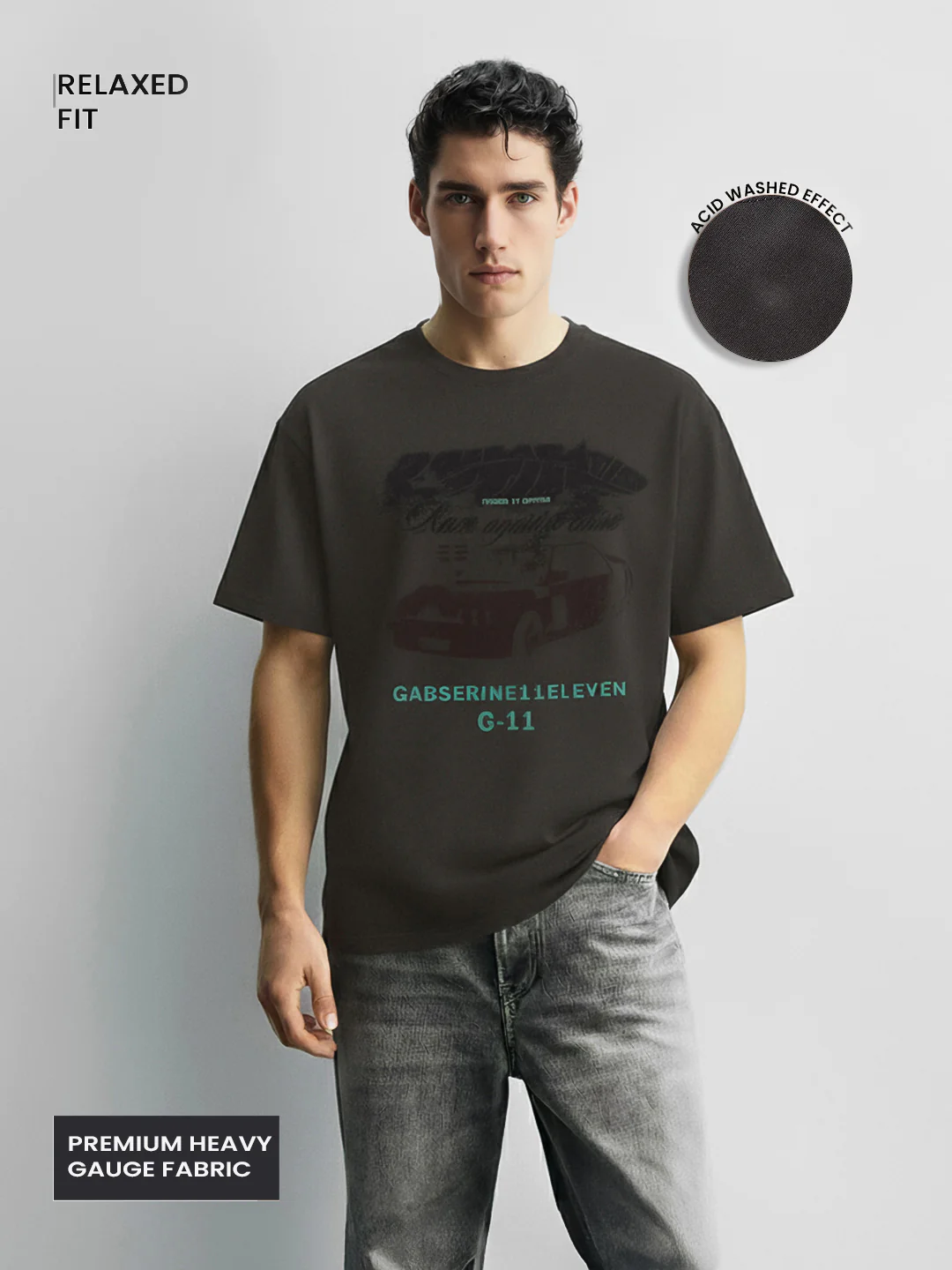Men's Grey Relaxed Fit Graphic Printed 240 GSM Casual T-Shirt