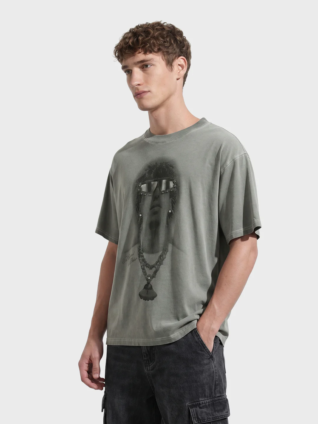 Men's Grey Relaxed Fit Graphic Printed 240 GSM Street Wear T-Shirt - Image 4