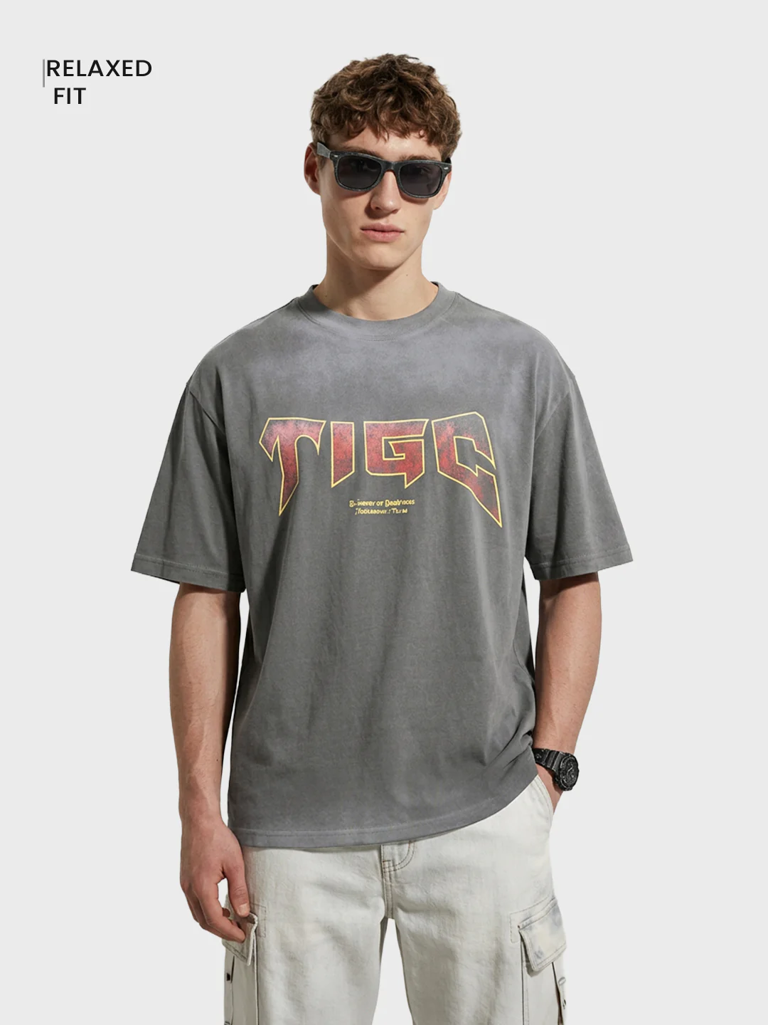 Men's Grey Relaxed Fit Graphic Printed 240 GSM Street Wear T-Shirt - Image 2