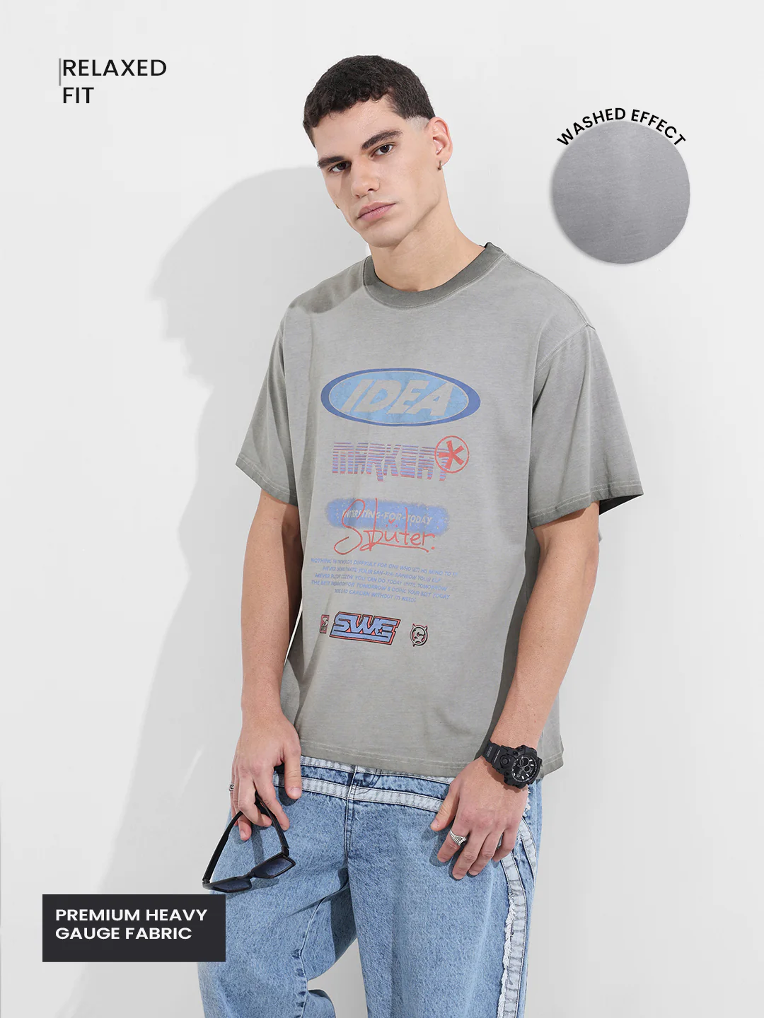 Men's Grey Relaxed Fit Graphic Printed 240 GSM Street Wear T-Shirt - Image 5
