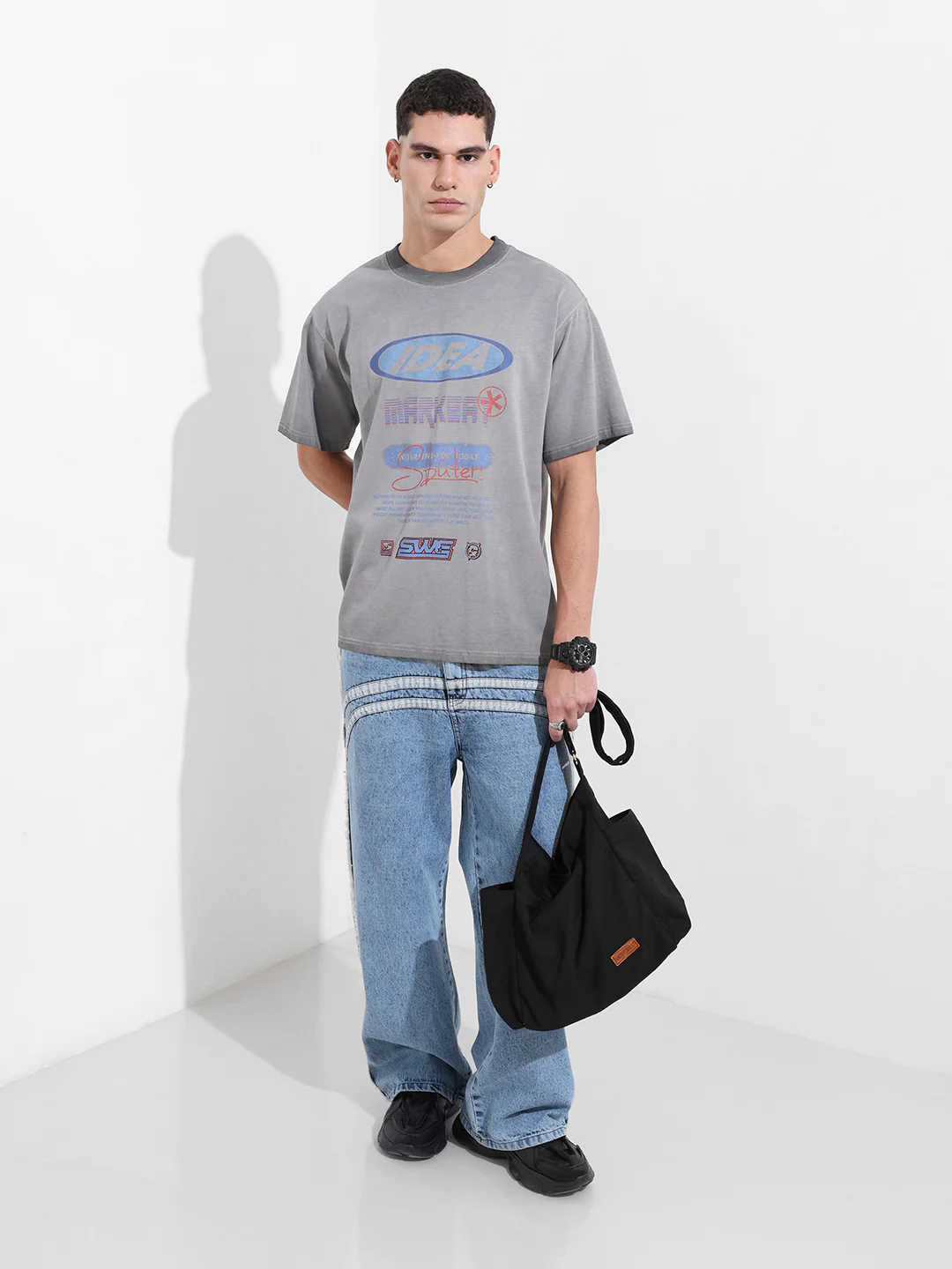 Men's Grey Relaxed Fit Graphic Printed 240 GSM Street Wear T-Shirt - Image 6