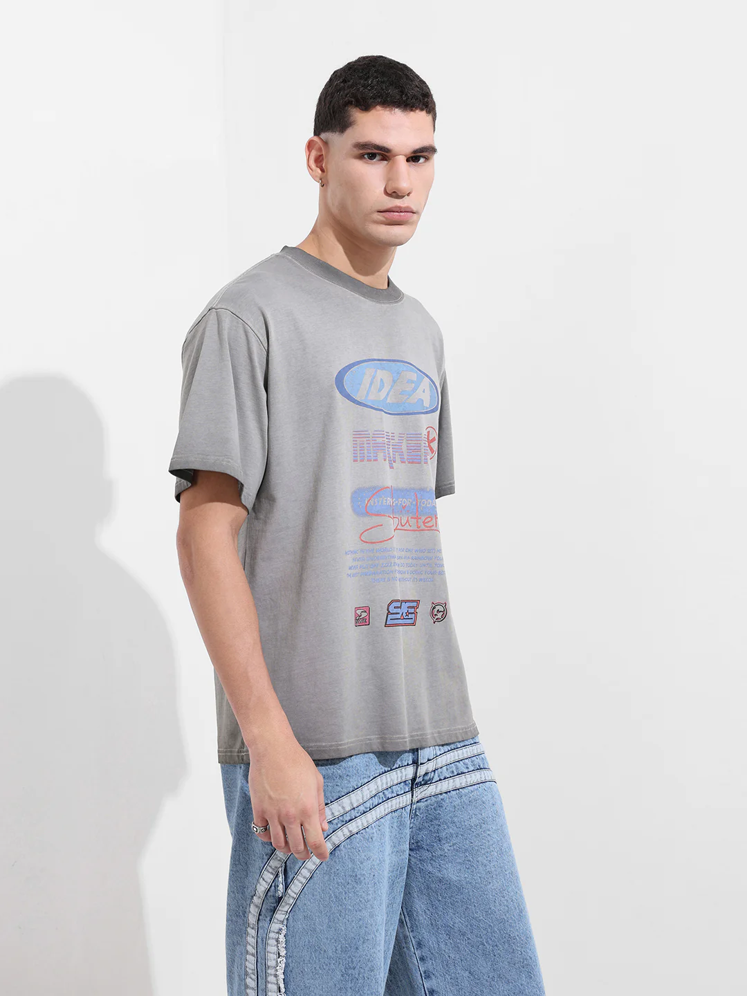 Men's Grey Relaxed Fit Graphic Printed 240 GSM Street Wear T-Shirt - Image 7