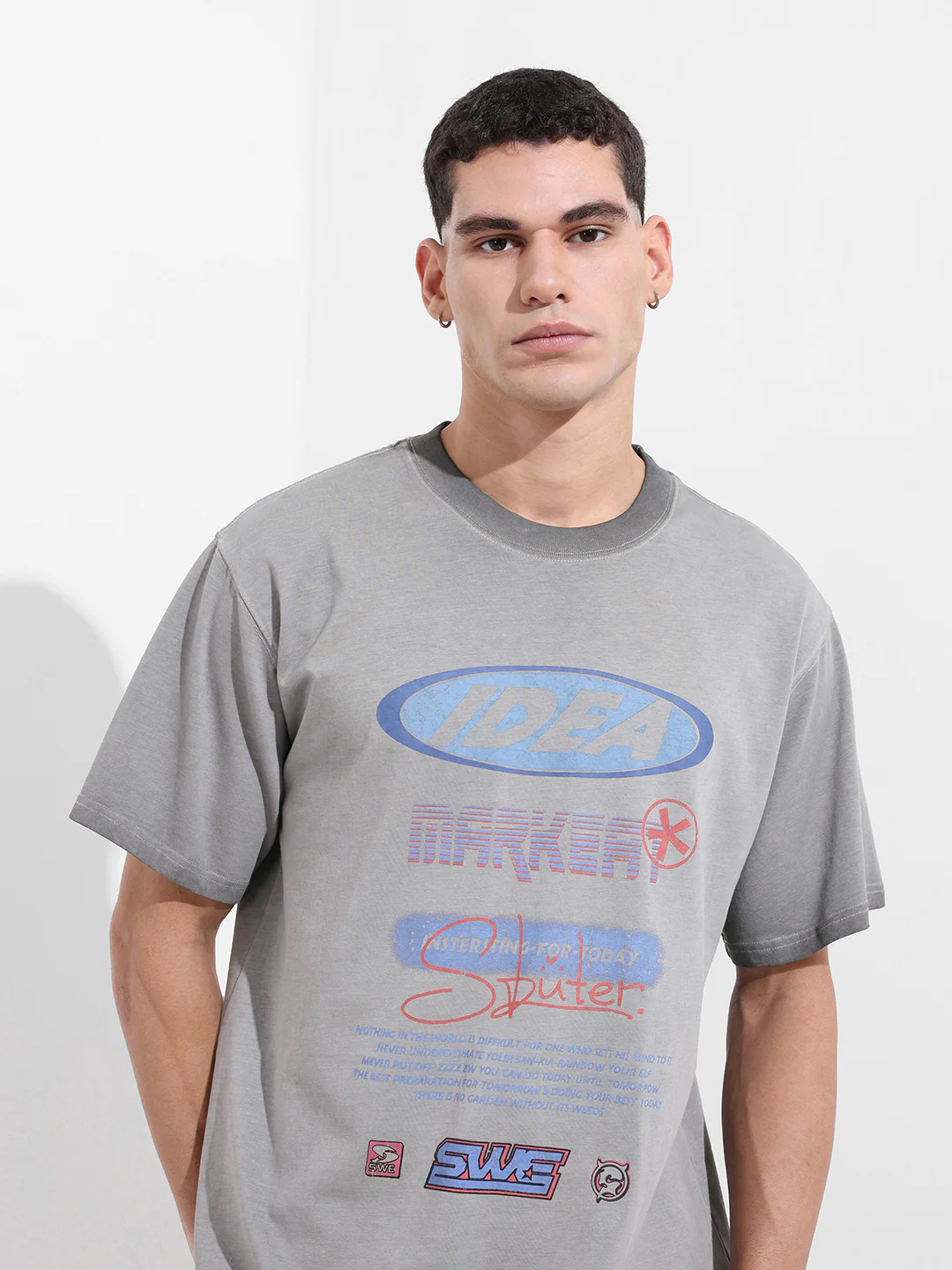 Men's Grey Relaxed Fit Graphic Printed 240 GSM Street Wear T-Shirt - Image 8