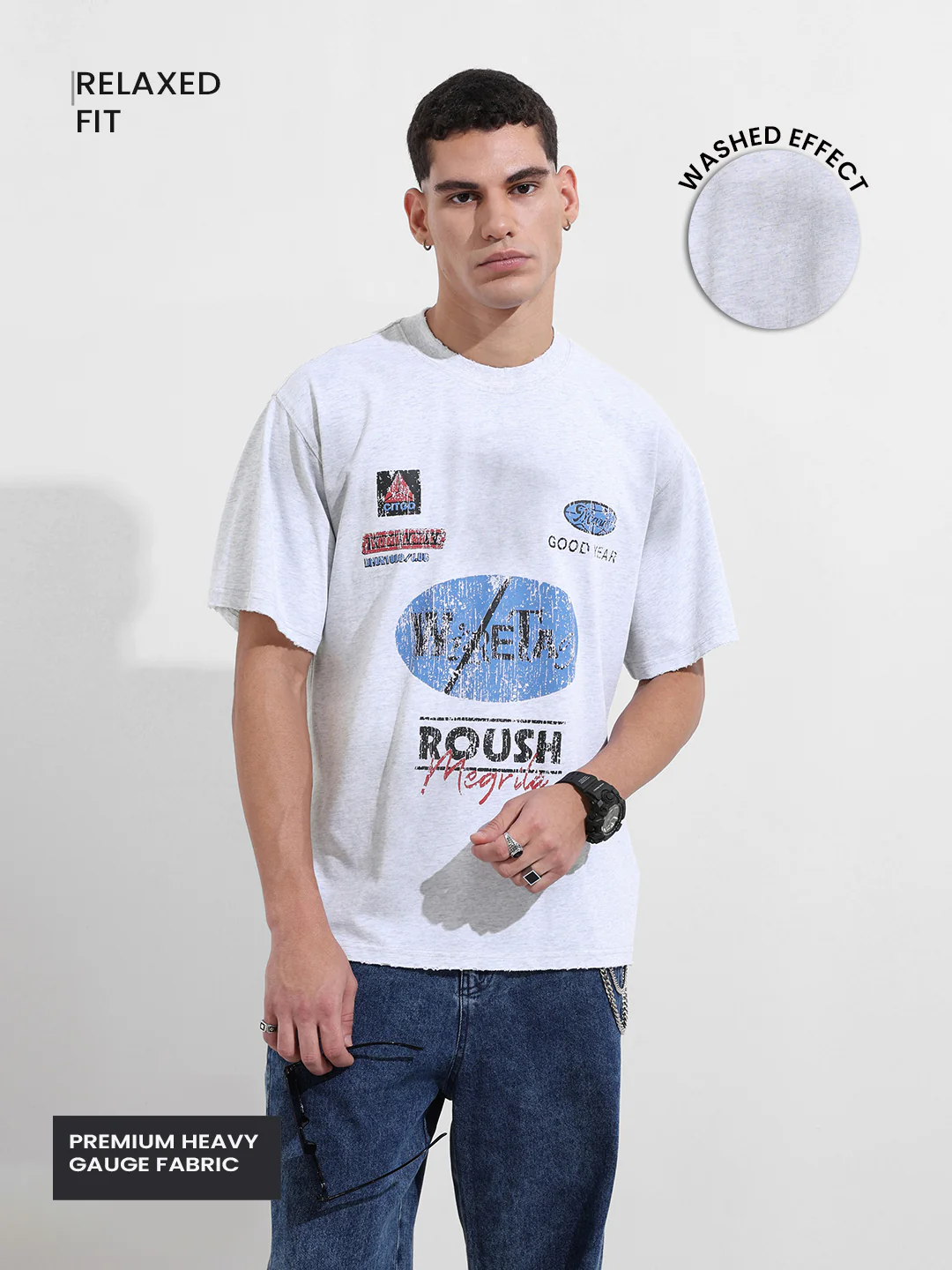 Men's Grey Relaxed Fit Graphic Printed 240 GSM Street Wear T-Shirt