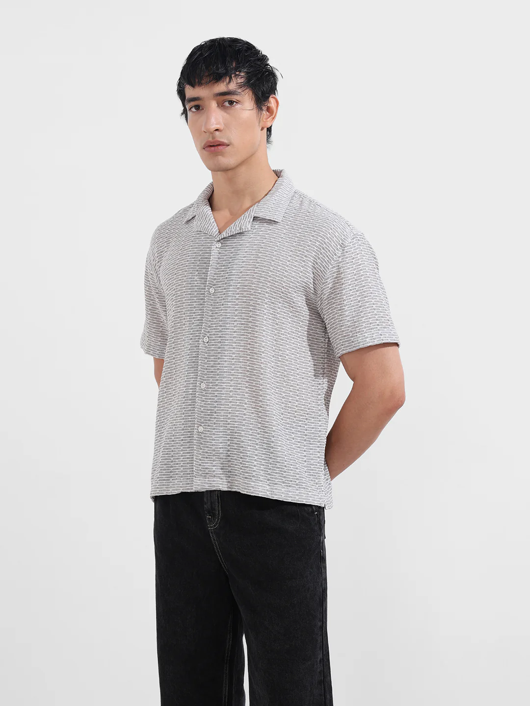 Men's Grey Relaxed Fit Resort Wear Textured Shirt - Image 5