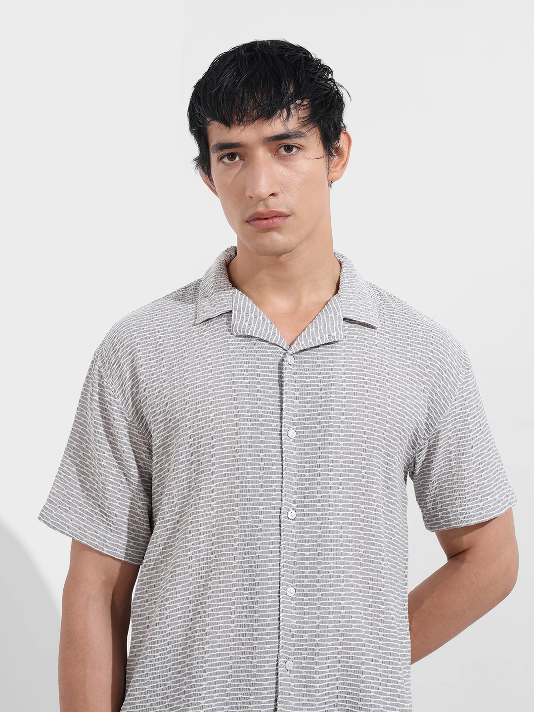 Men's Grey Relaxed Fit Resort Wear Textured Shirt - Image 6
