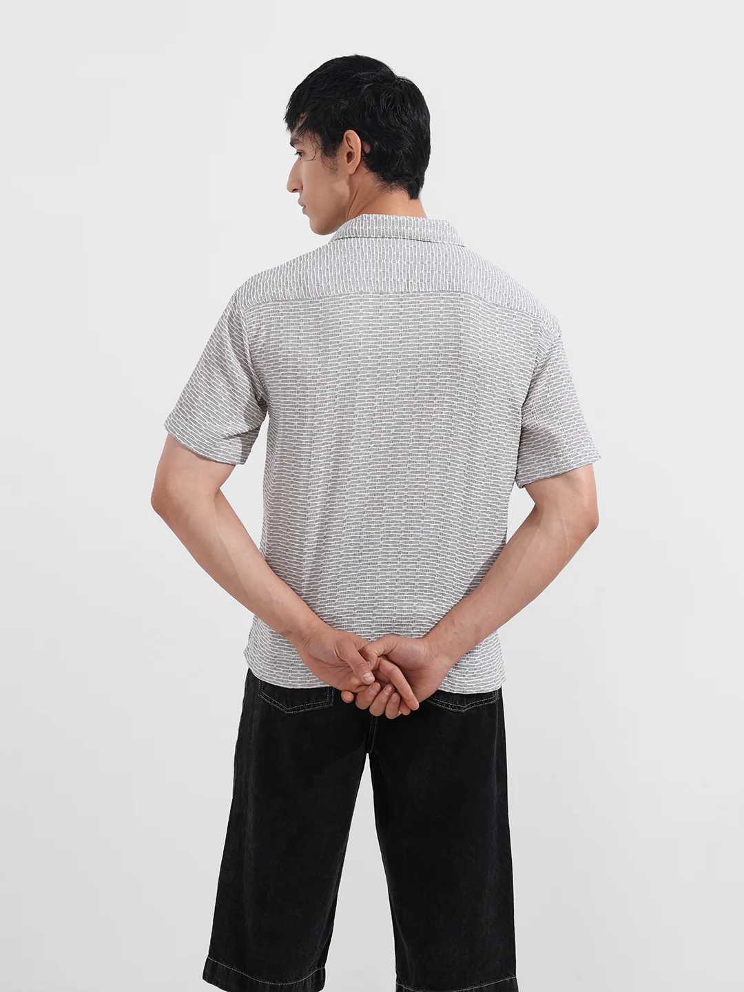 Men's Grey Relaxed Fit Resort Wear Textured Shirt - Image 7