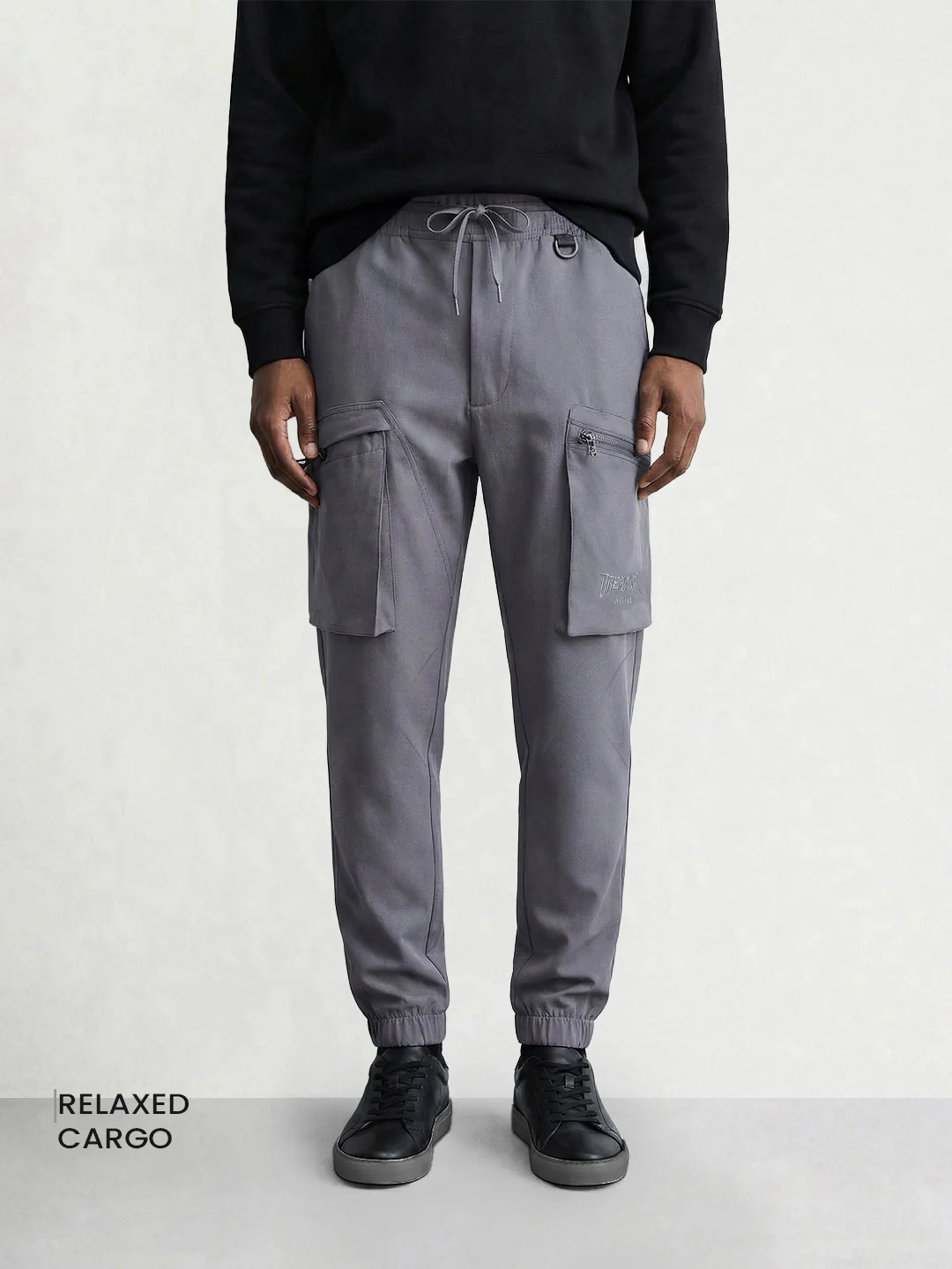 Men's Grey Relaxed Fit Solid Utility Cargo