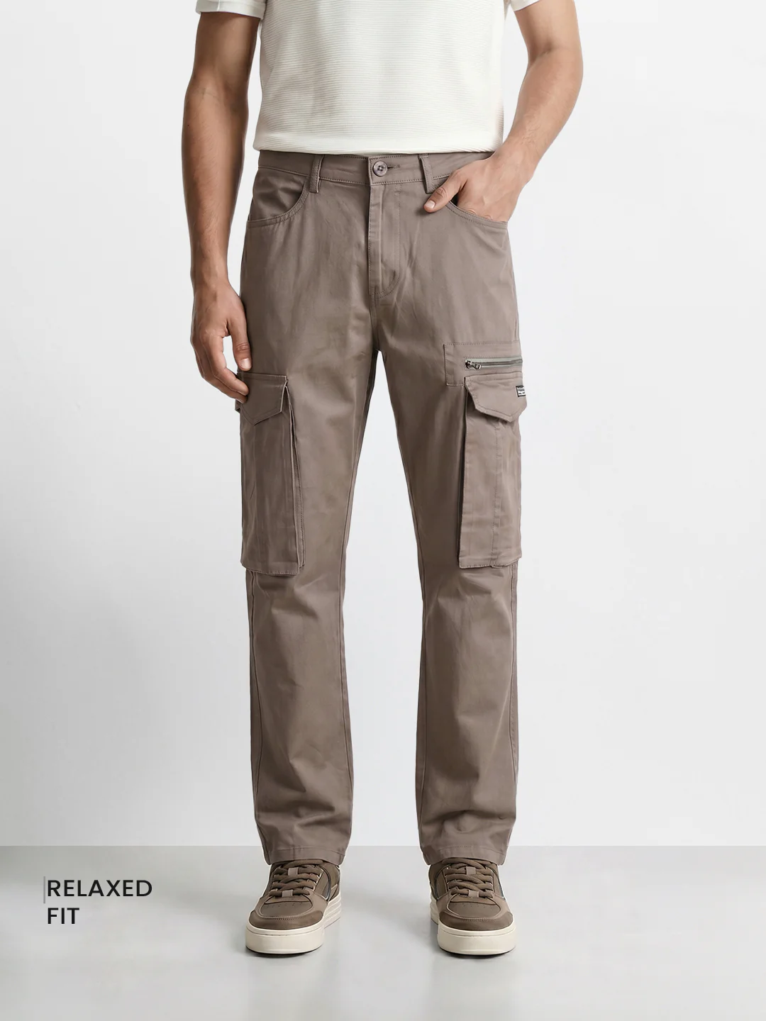 Men's Grey Relaxed Fit Solid Utility Cargo - Image 2