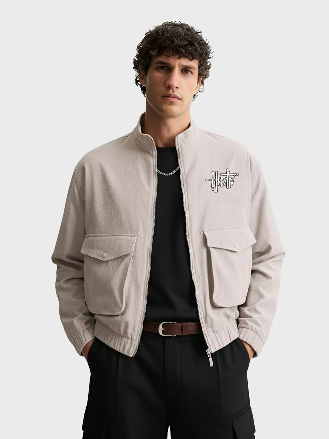 Men's Grey Relaxed Fit Solid Utility Bomber Jacket - Image 2