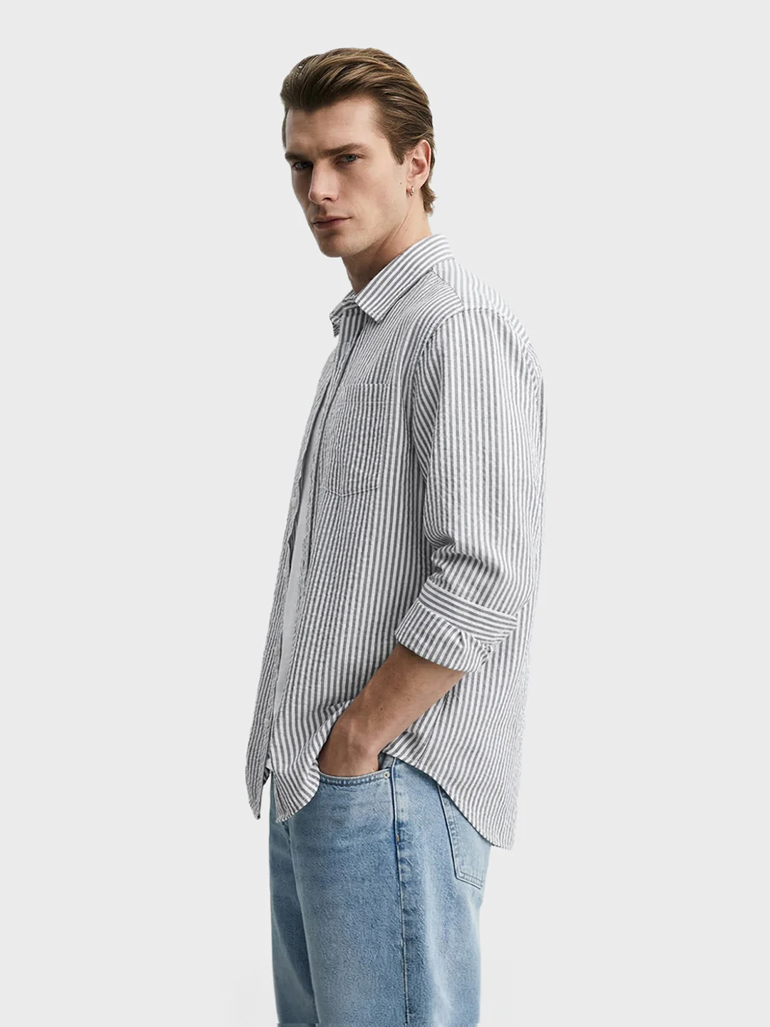 Men's Grey Oversized Fit Striped Casual Shirt - Image 3