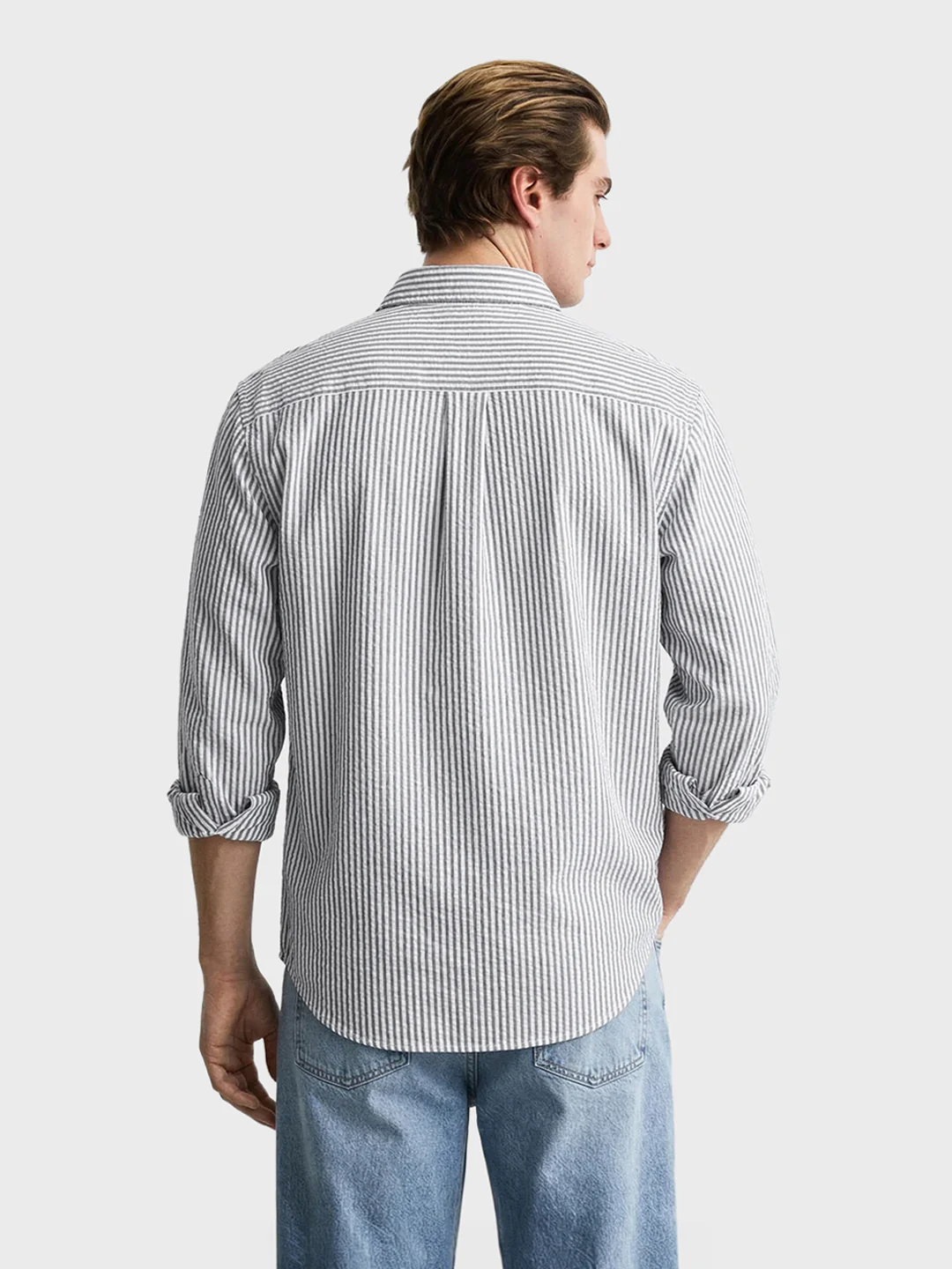 Men's Grey Oversized Fit Striped Casual Shirt - Image 4