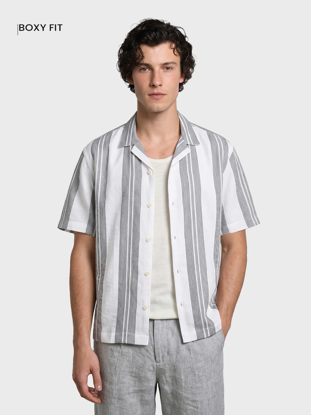 Men's Grey Relaxed Fit Striped Resort Wear Shirt - Image 2