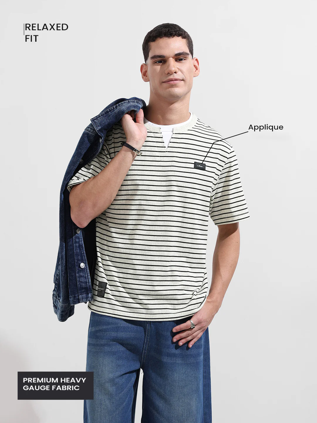 Men's Grey Relaxed Fit Striped 240 GSM Street Wear T-Shirt - Image 2