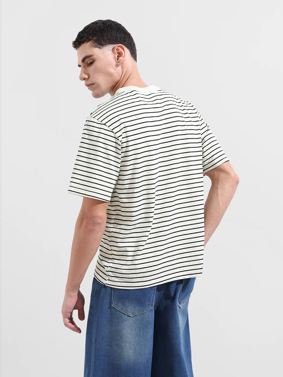 Men's Grey Relaxed Fit Striped 240 GSM Street Wear T-Shirt - Image 6